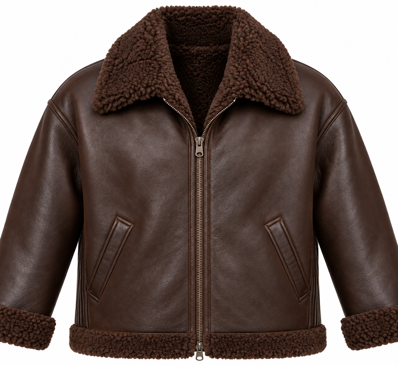 SH030 men's brown shearling jacket detail view