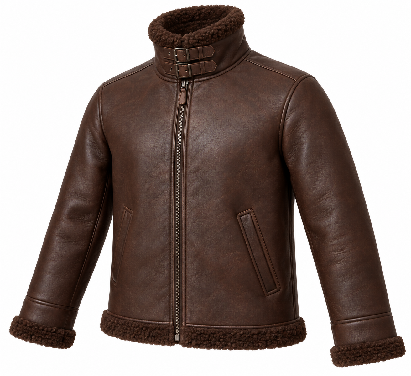 SH031 men's brown shearling jacket angle view