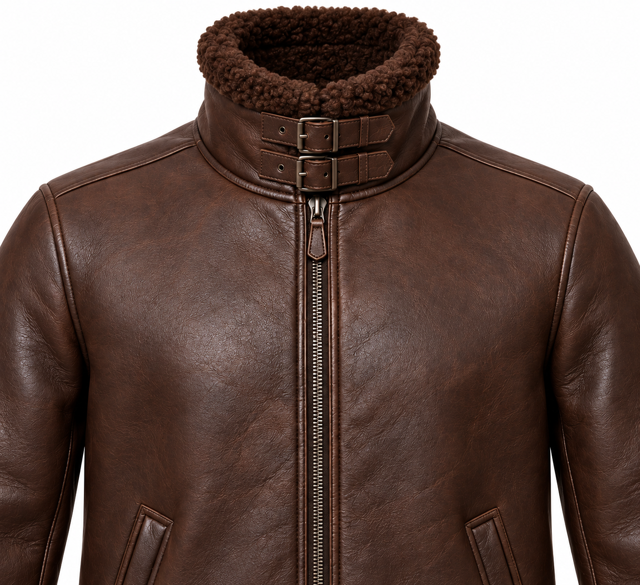 SH031 men's brown shearling jacket detail view