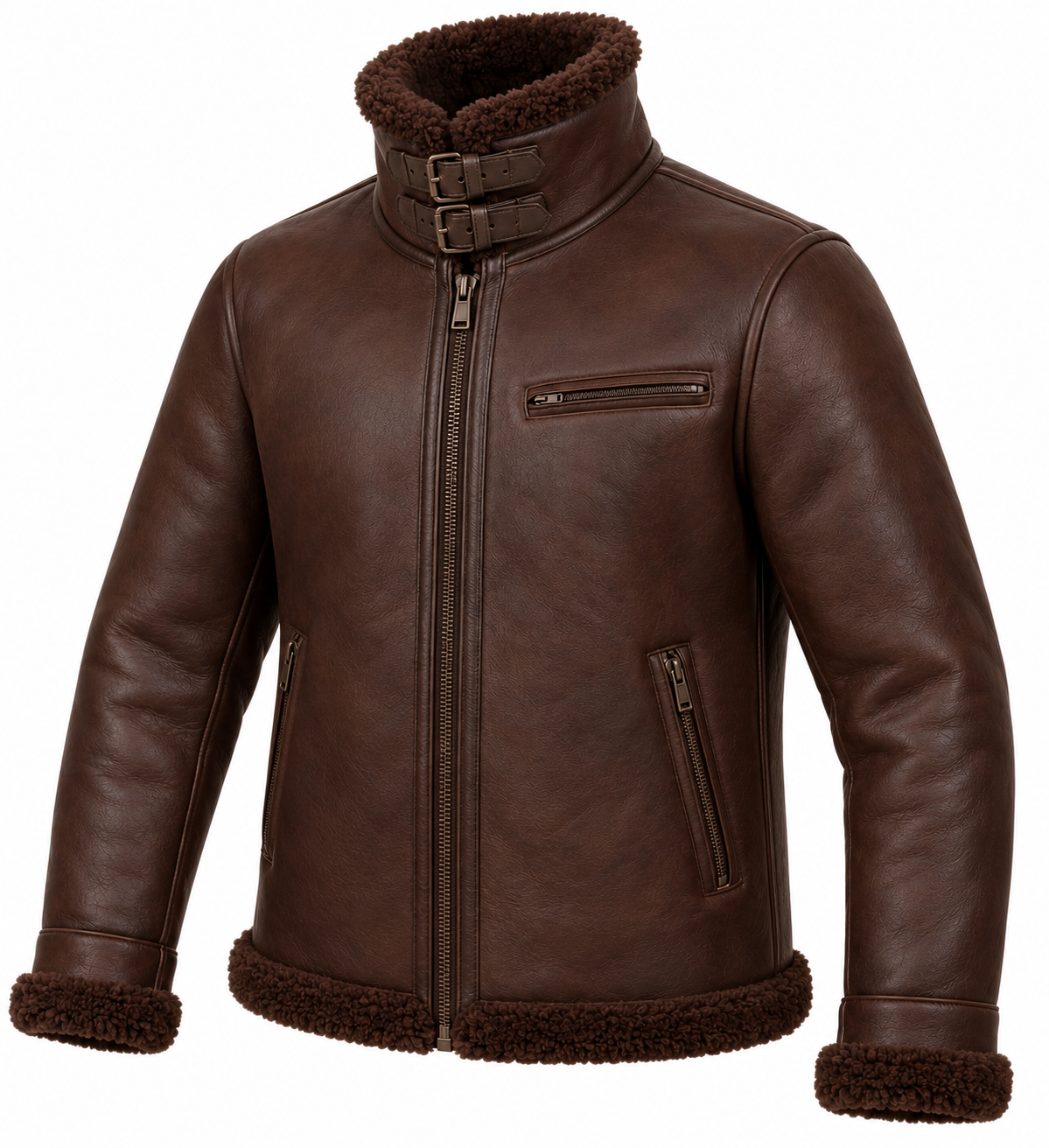 SH032 men's brown shearling jacket angle view