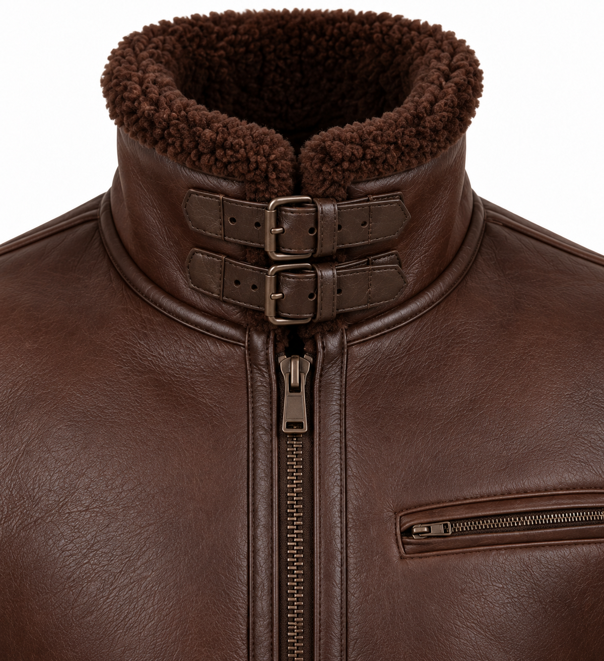 SH032 men's brown shearling jacket detail view