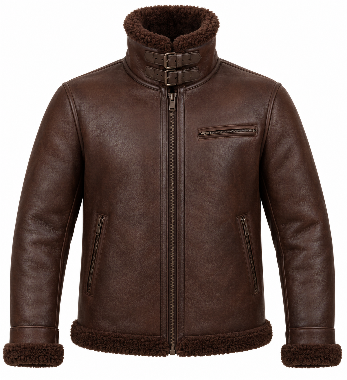 SH032 men's brown shearling jacket front view