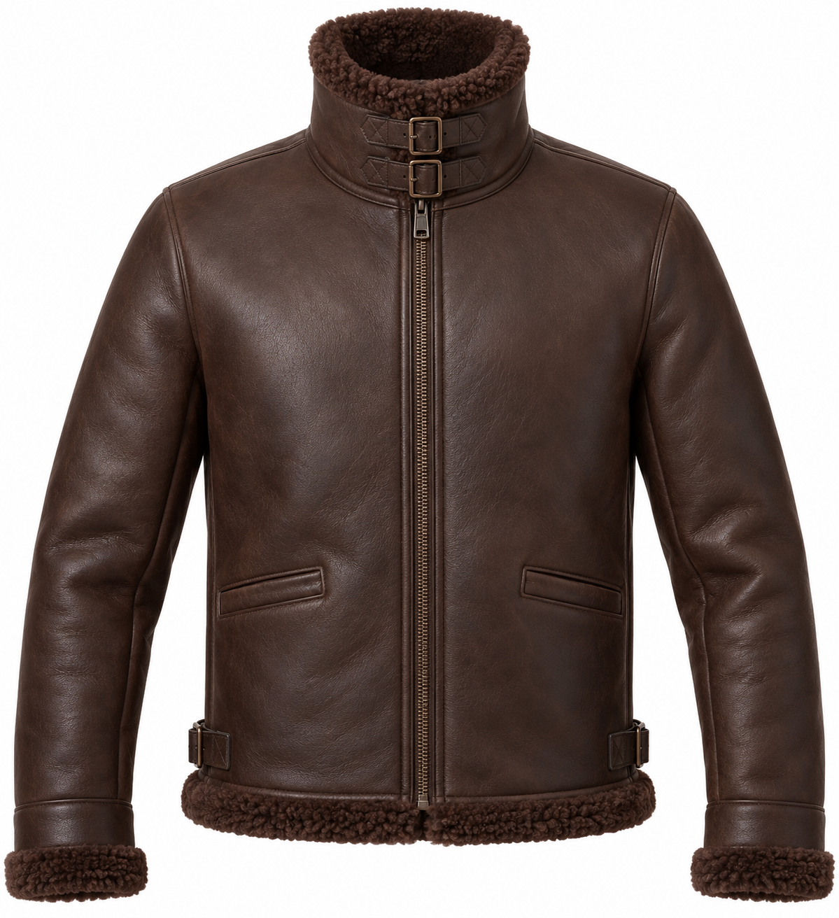 SH033 men's brown shearling jacket front view