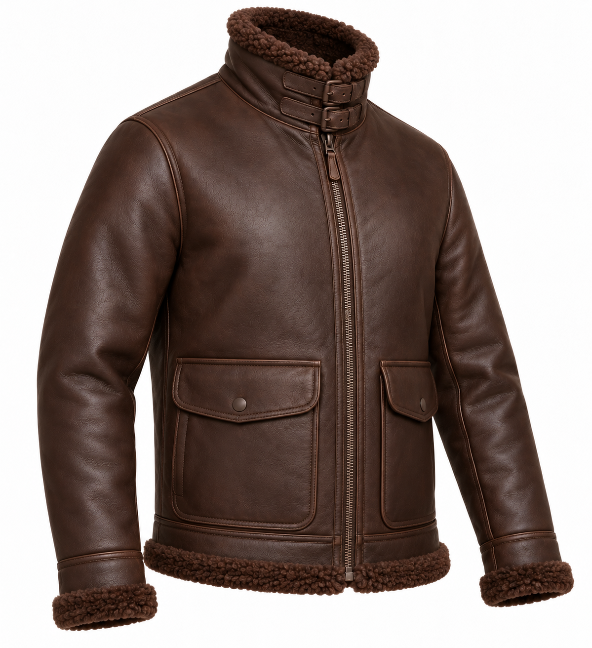 SH034 men's brown shearling jacket angle view