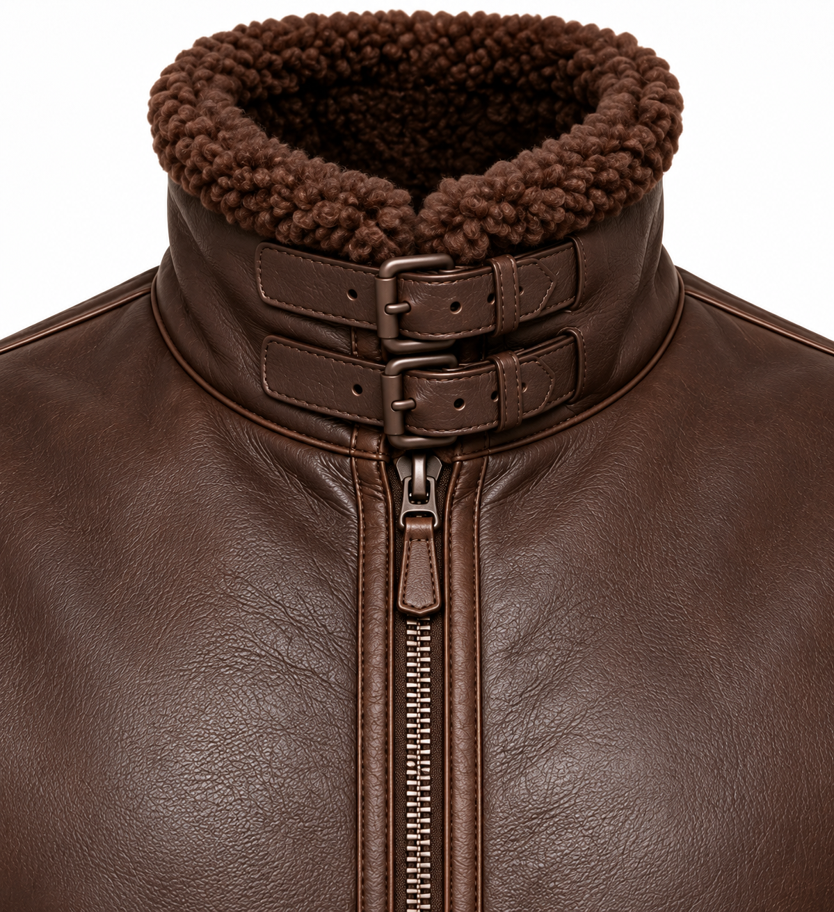 SH034 men's brown shearling jacket detail view