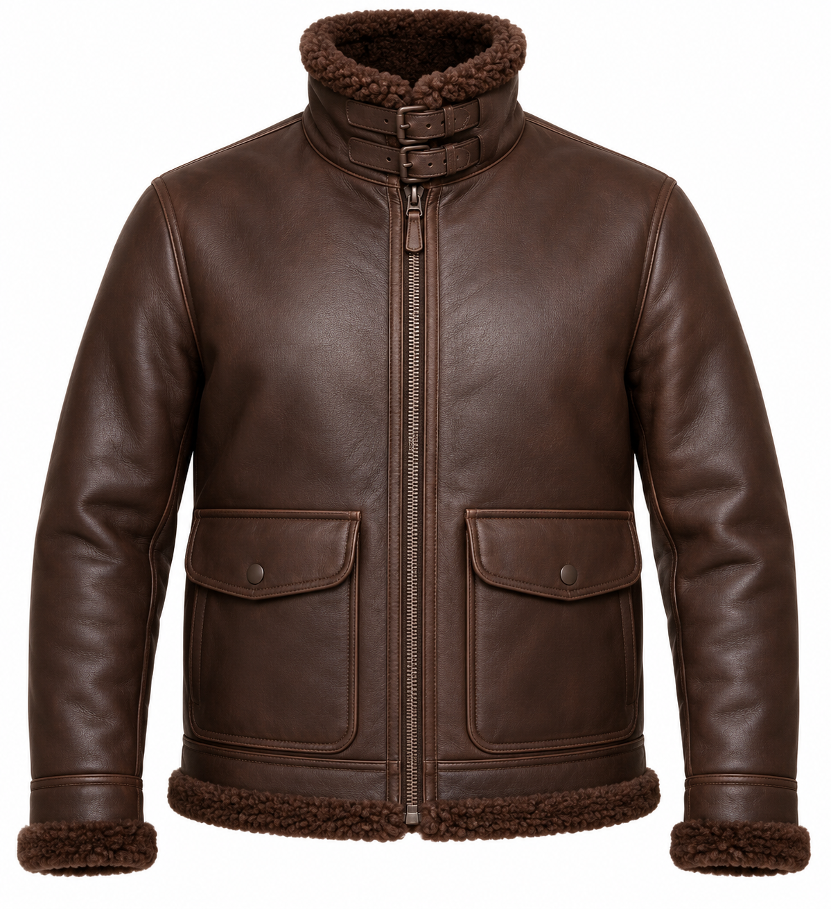 SH034 men's brown shearling jacket front view