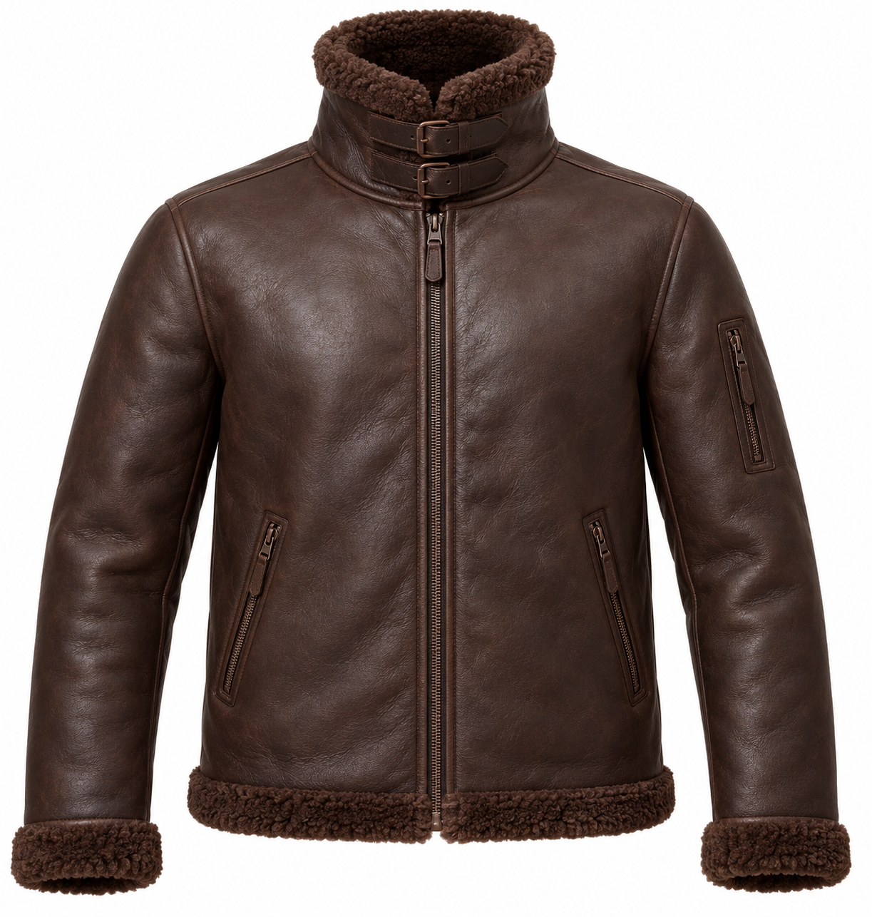 SH036 men's brown shearling jacket front view
