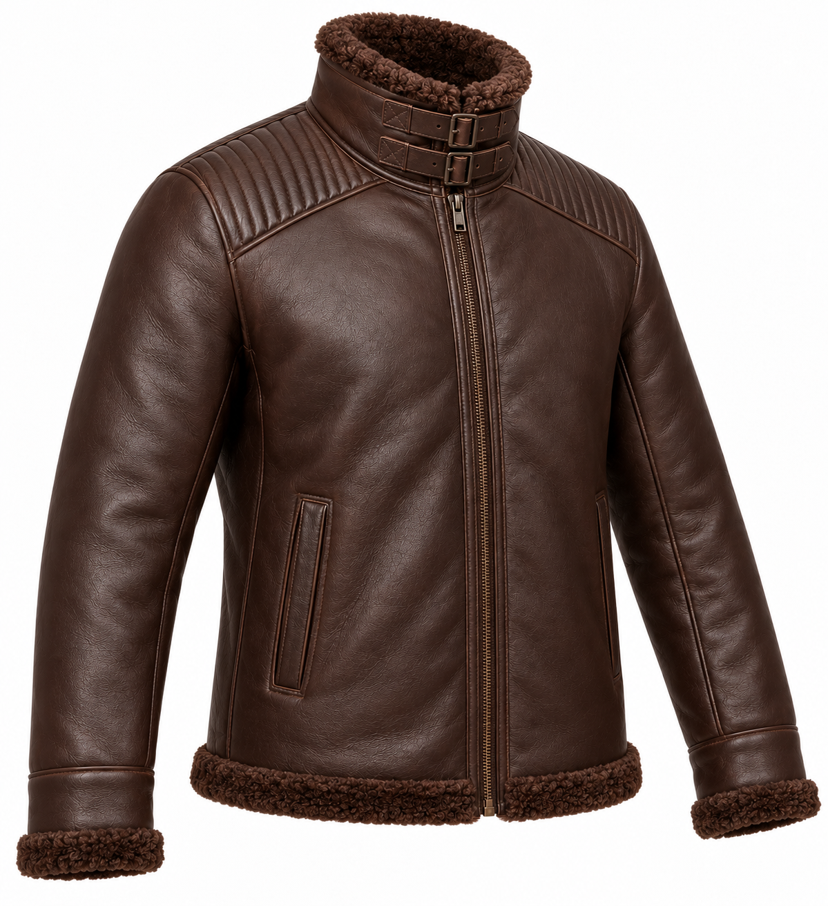 SH037 men's brown shearling jacket angle view