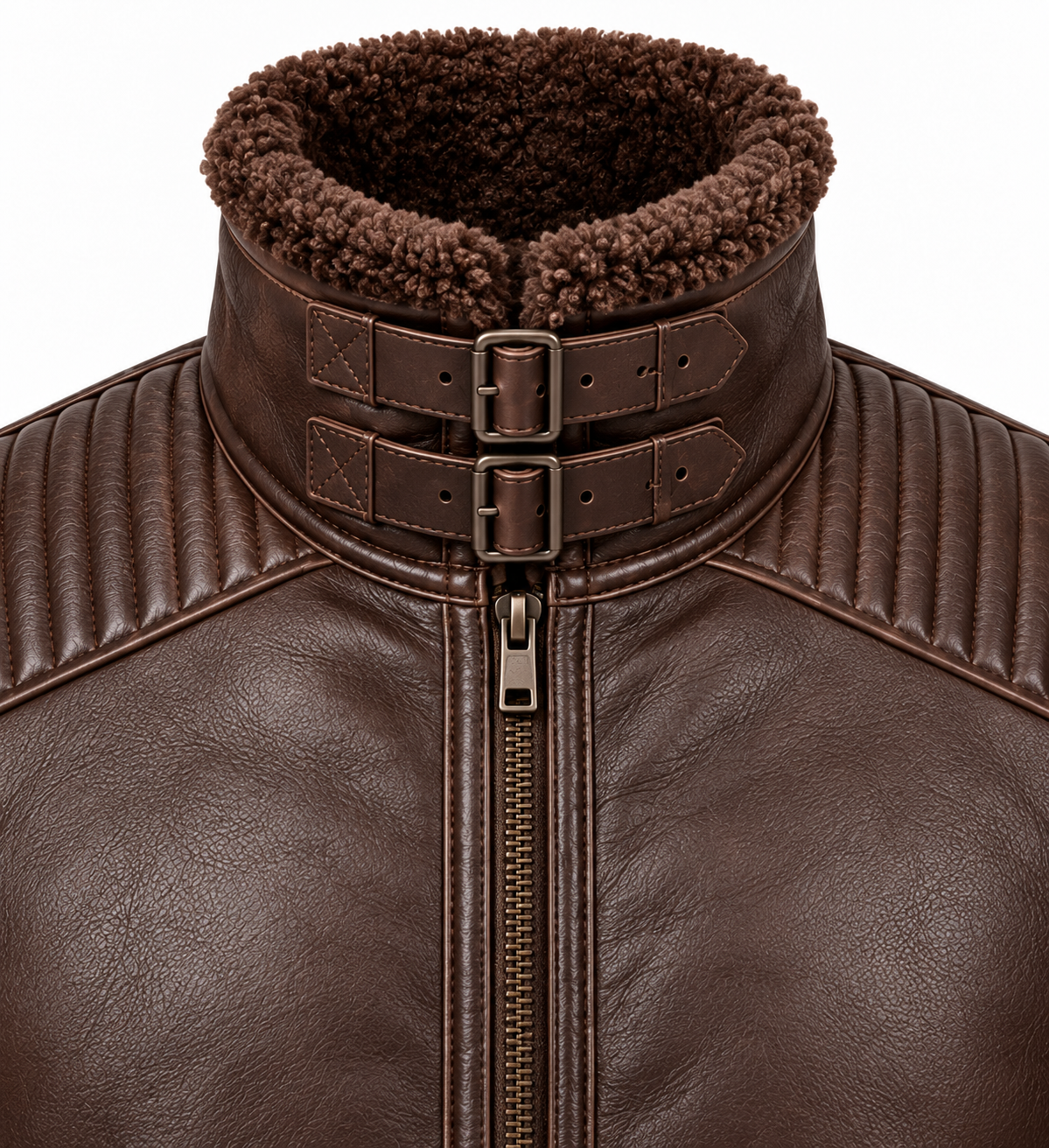 SH037 men's brown shearling jacket detail view