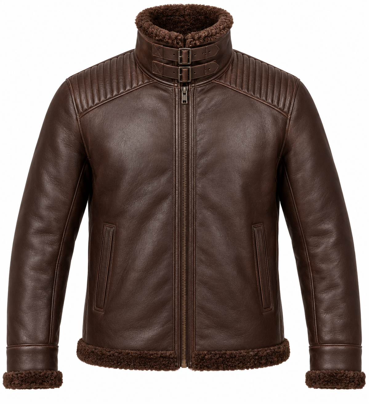 SH037 men's brown shearling jacket front view
