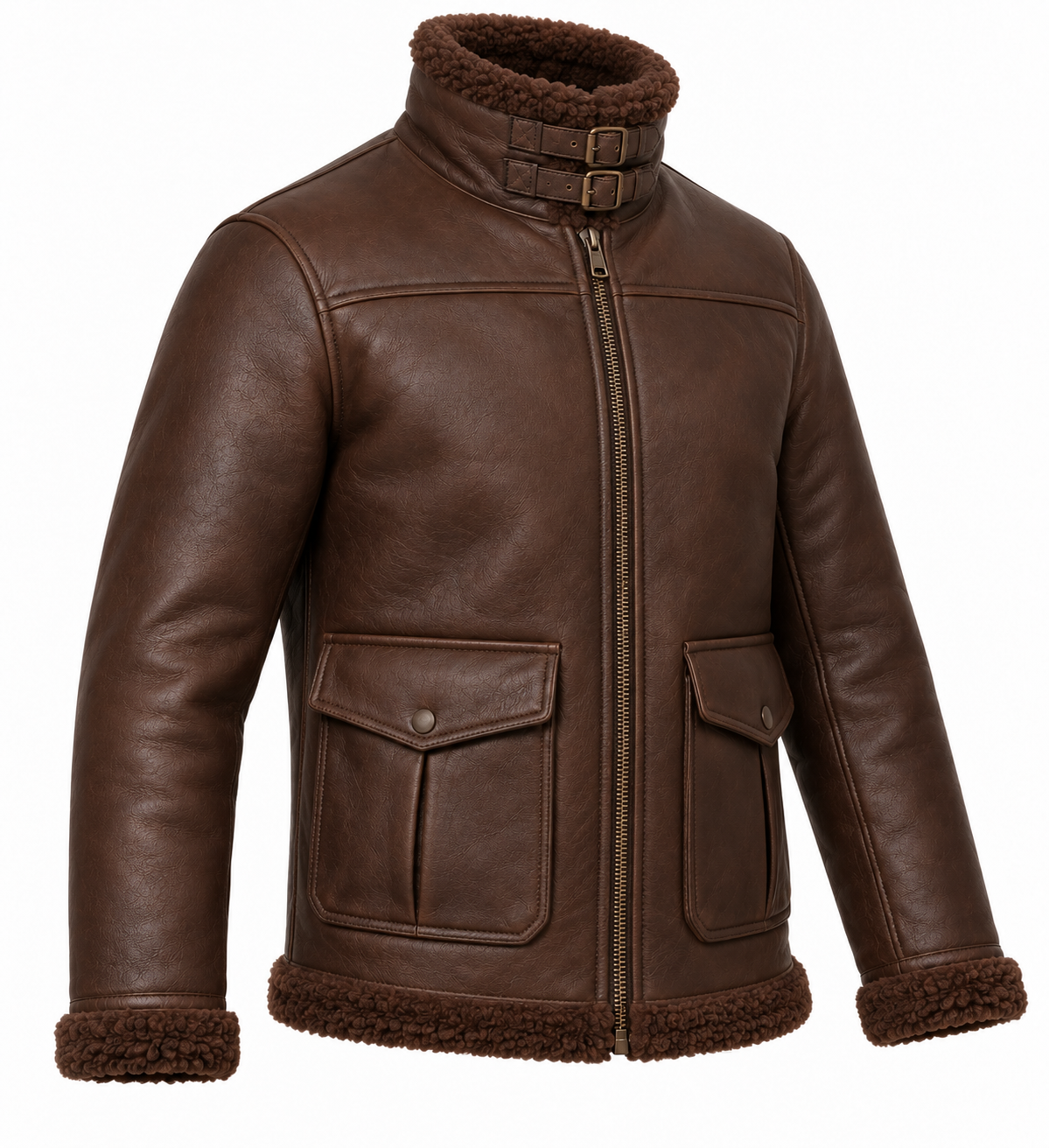 SH039 men's brown shearling jacket angle view