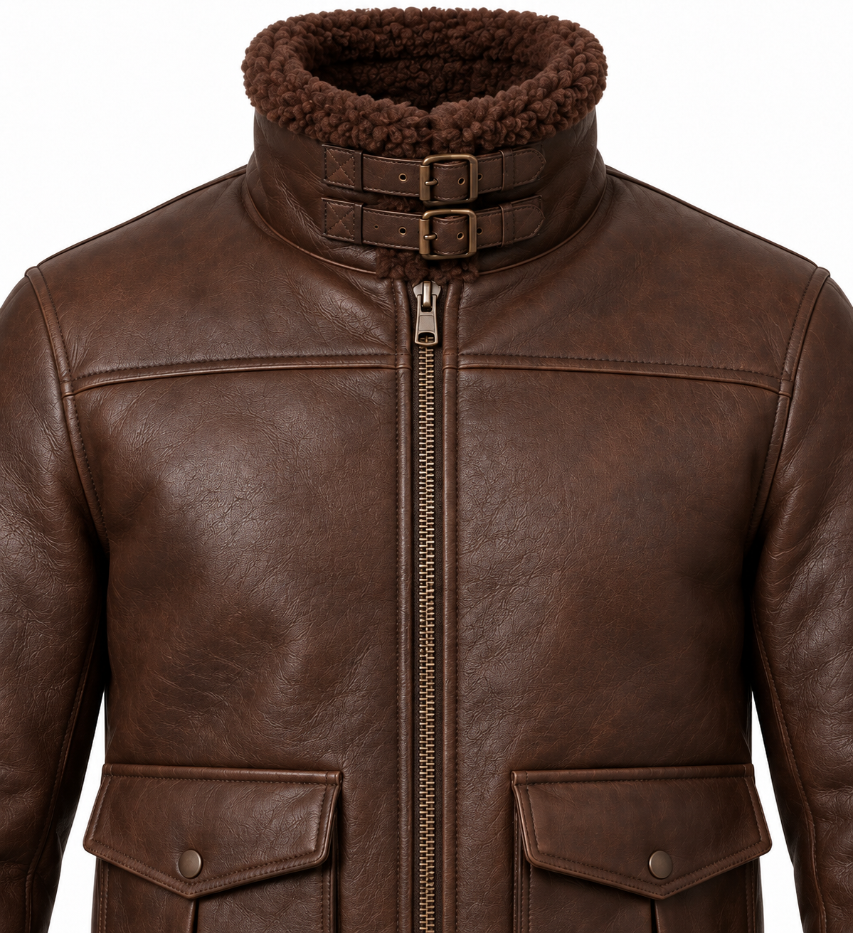 SH039 men's brown shearling jacket detail view