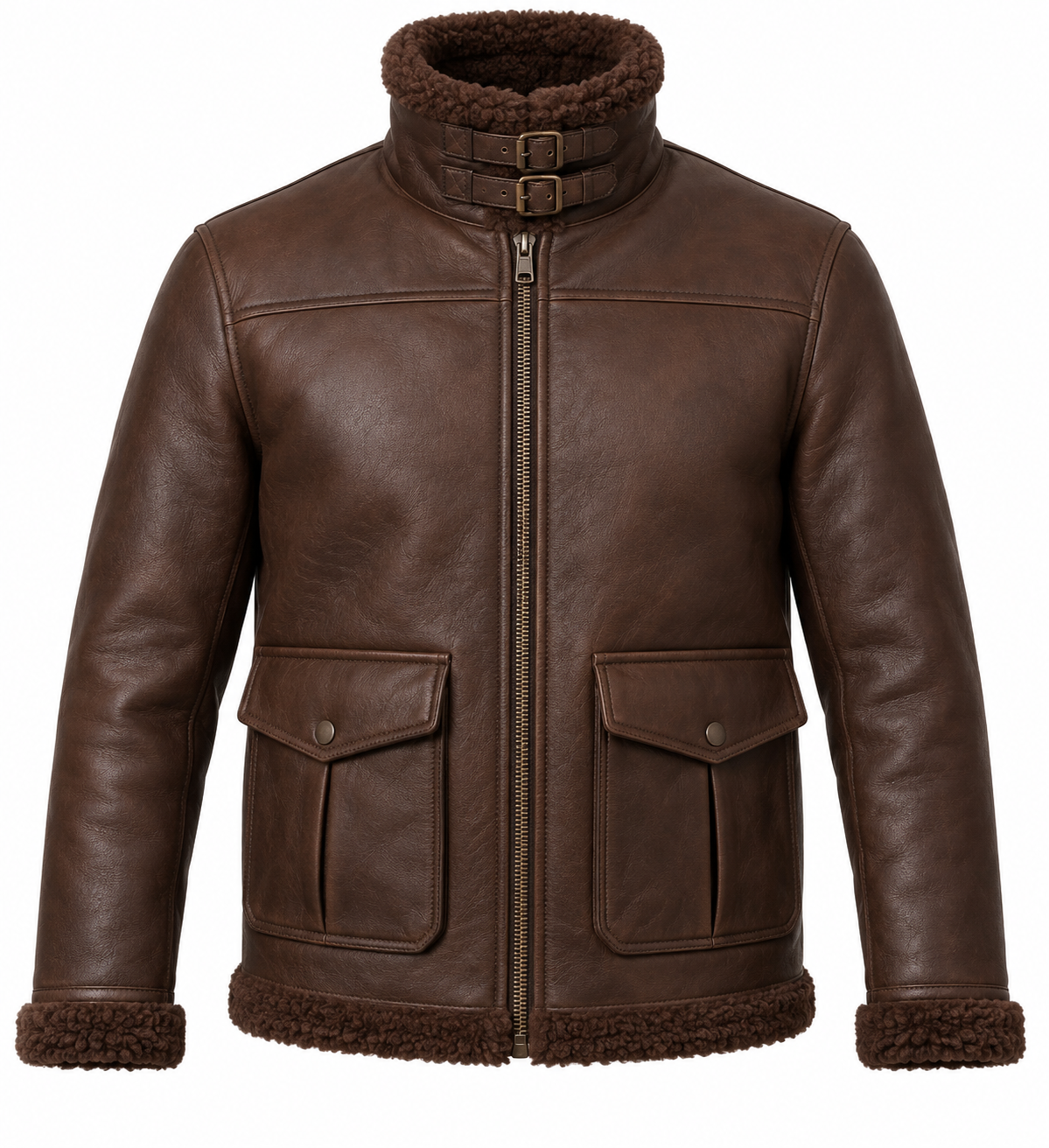 SH039 men's brown shearling jacket front view