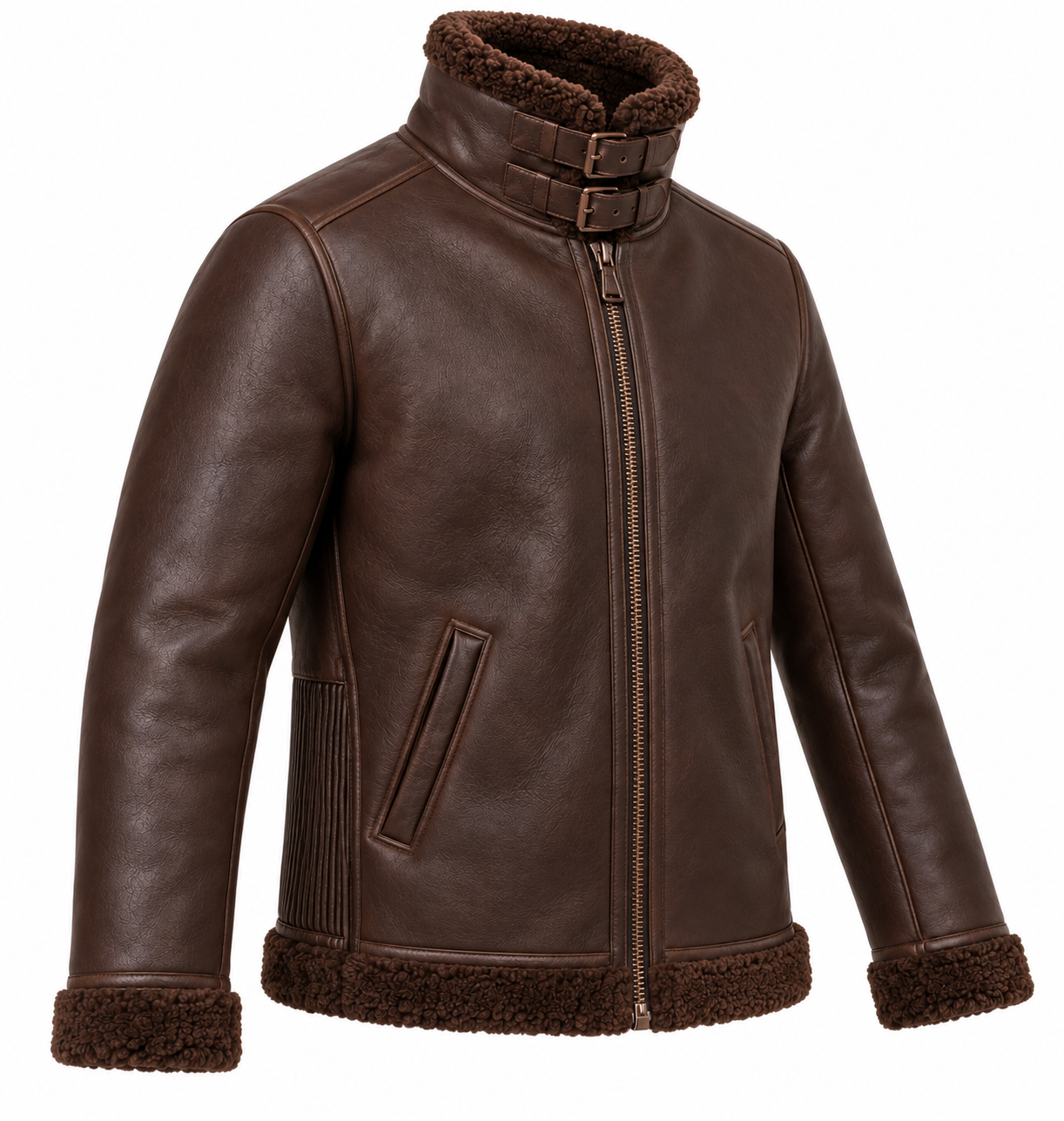 SH040 men's brown shearling jacket angle view
