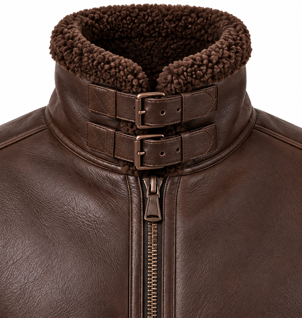 SH040 men's brown shearling jacket detail view