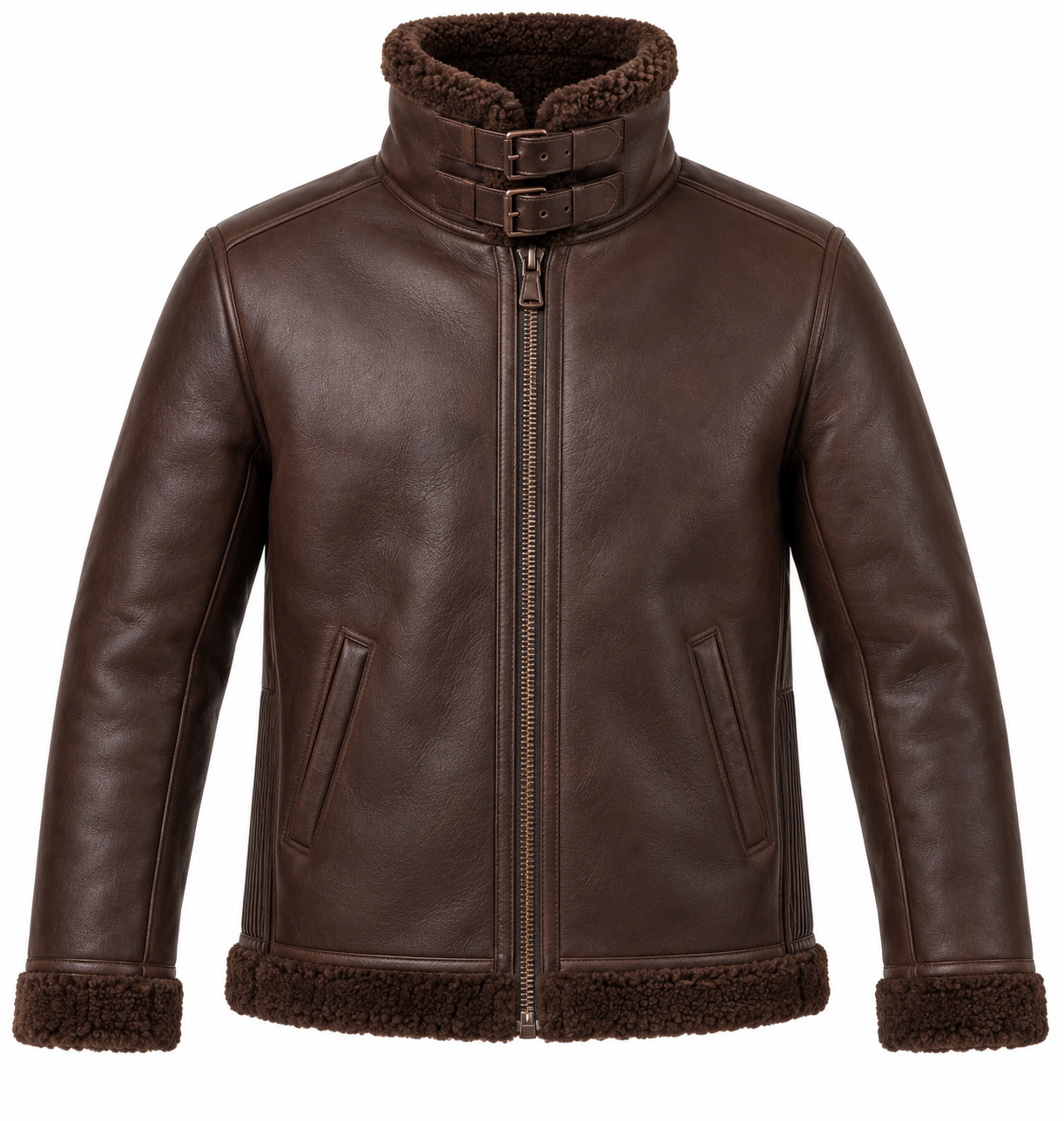 SH040 men's brown shearling jacket front view