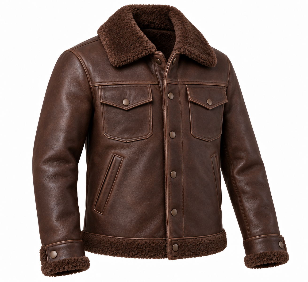 SH041 men's brown shearling jacket angle view