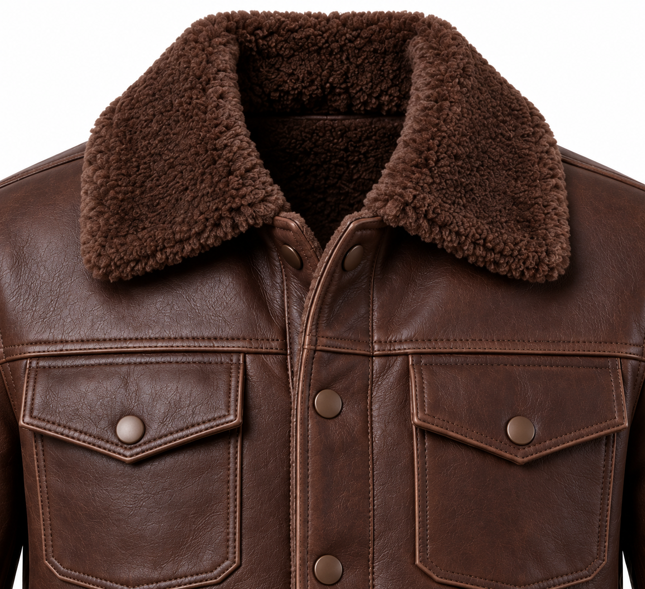 SH041 men's brown shearling jacket detail view