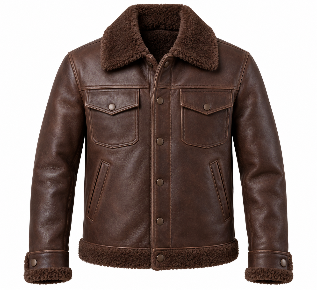 SH041 men's brown shearling jacket front view