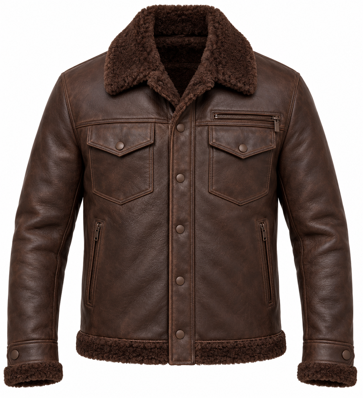SH042 men's brown shearling jacket front view