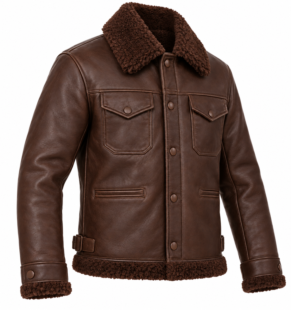 SH043 men's brown shearling jacket angle view
