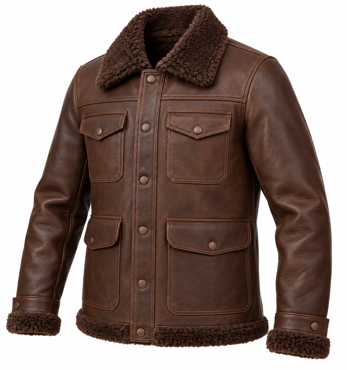 SH044 men's brown shearling jacket angle view