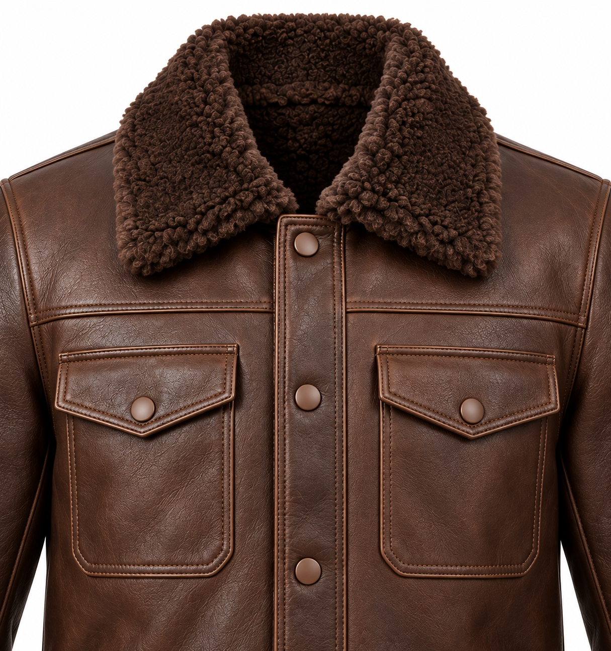 SH044 men's brown shearling jacket detail view