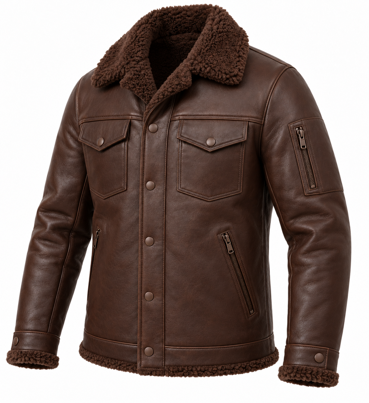 SH046 men's brown shearling jacket angle view