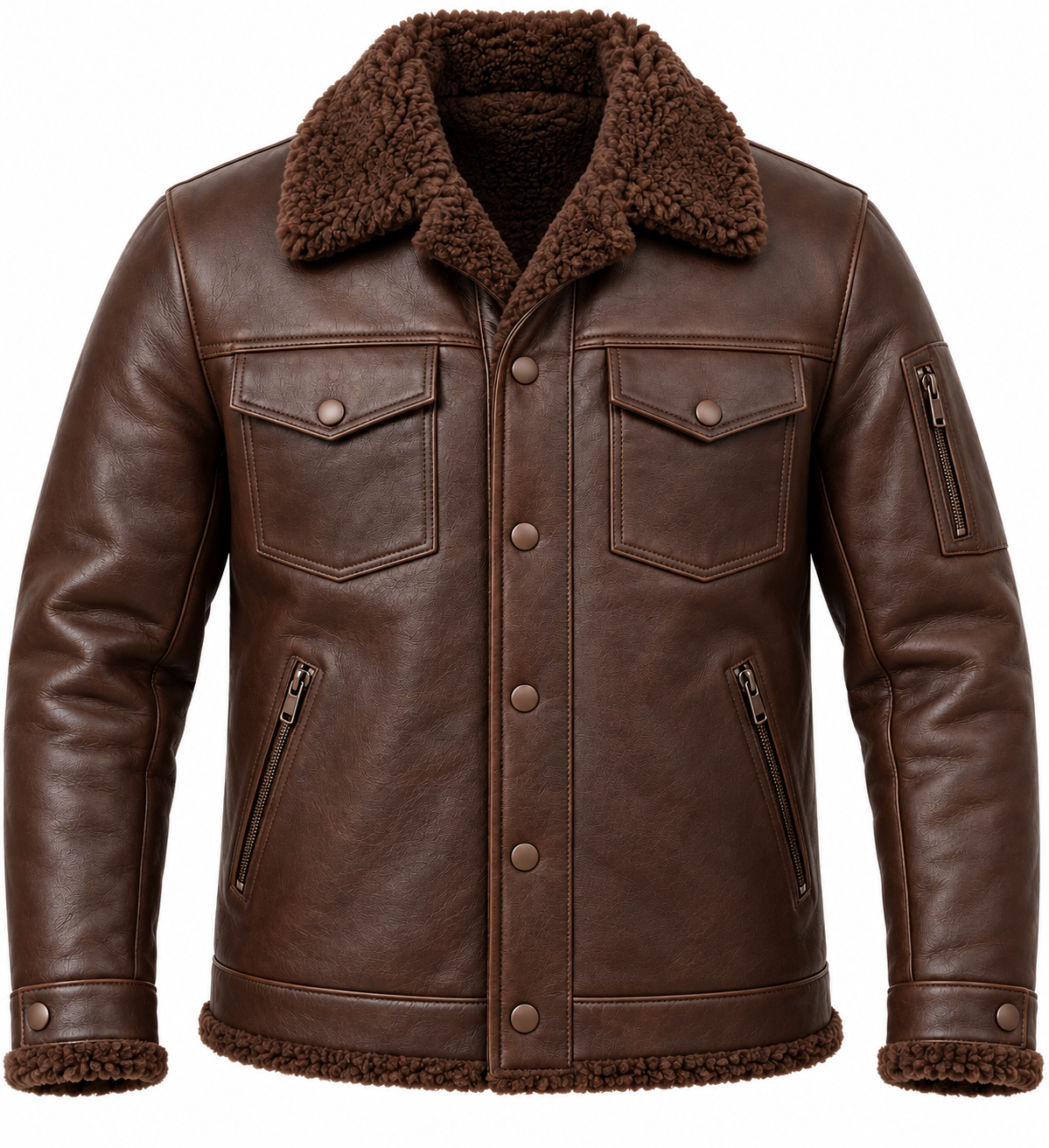 SH046 men's brown shearling jacket detail view