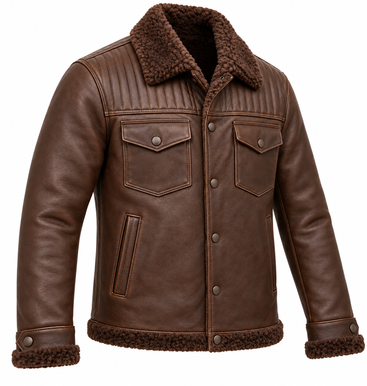SH047 men's brown shearling jacket angle view