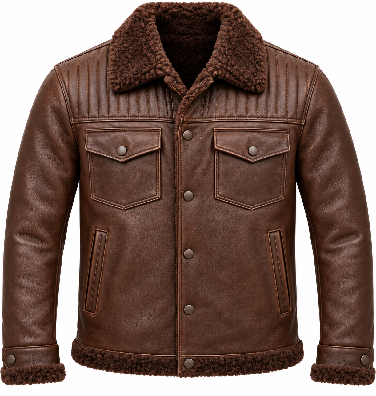 SH047 men's brown shearling jacket detail view
