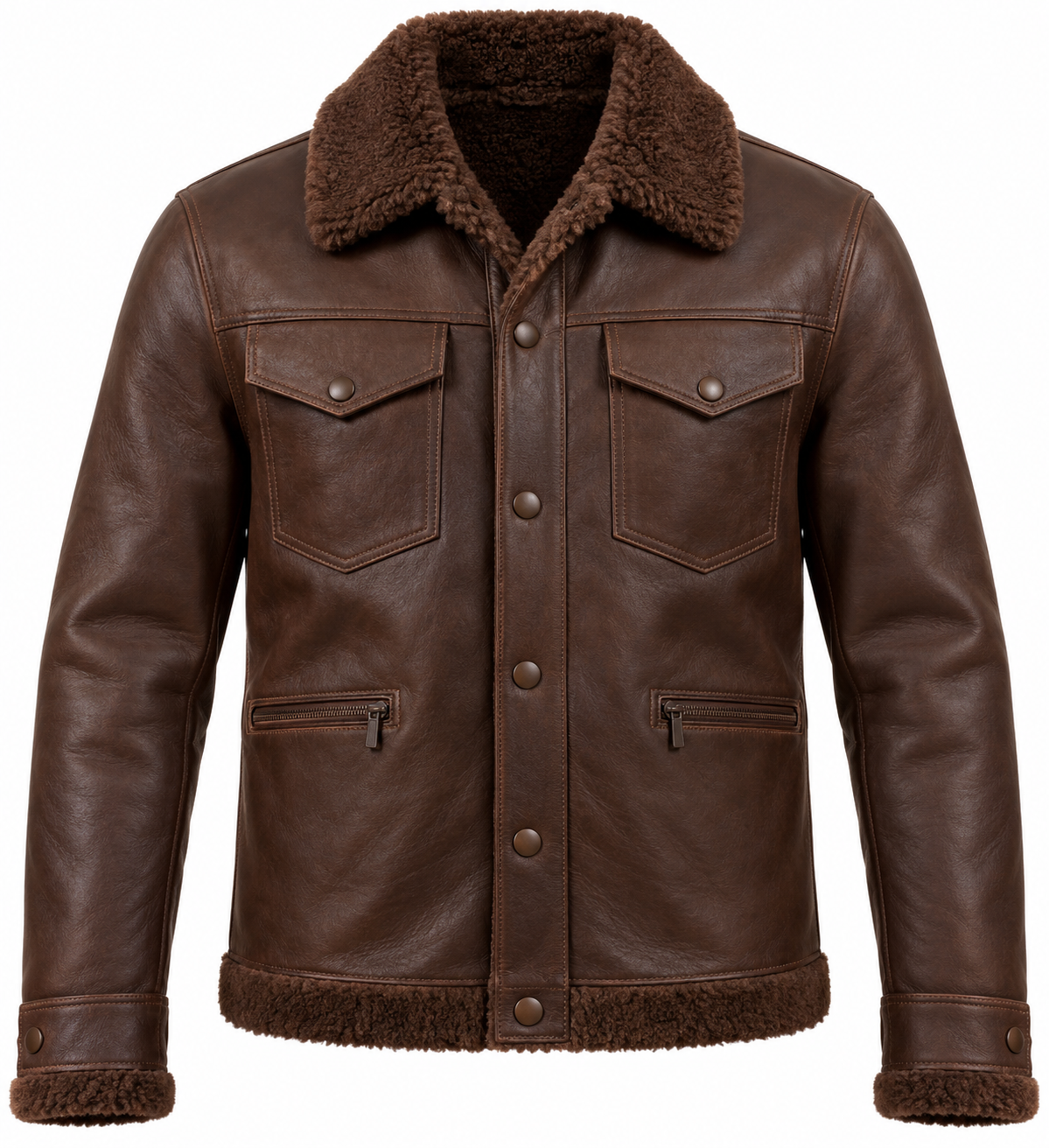 SH048 men's brown shearling jacket front view