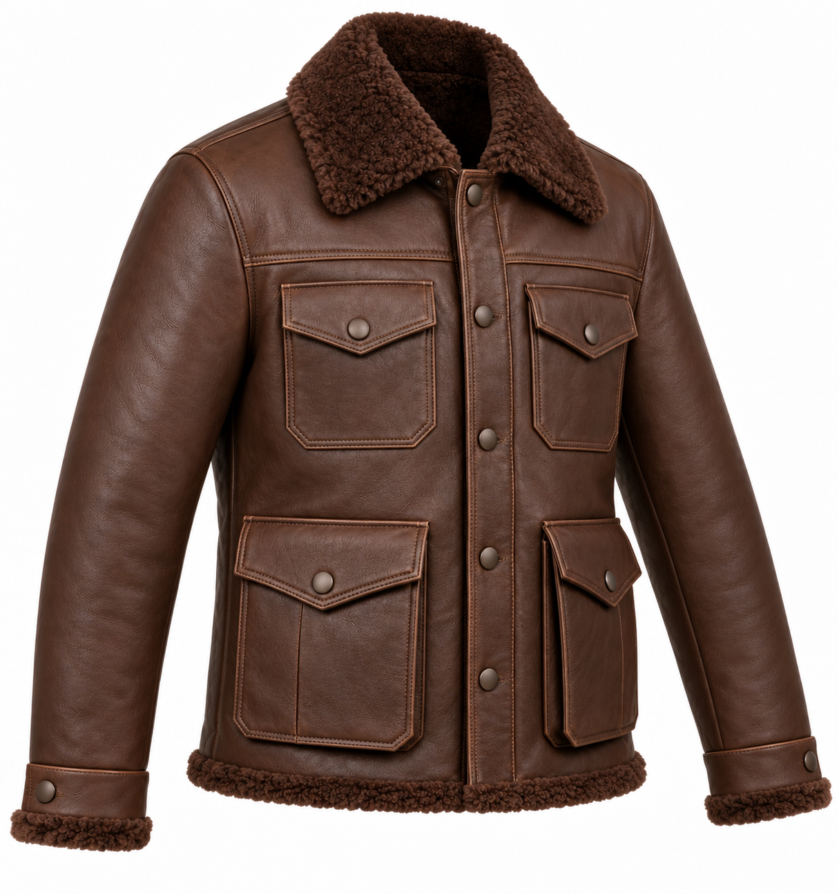 SH049 men's brown shearling jacket angle view