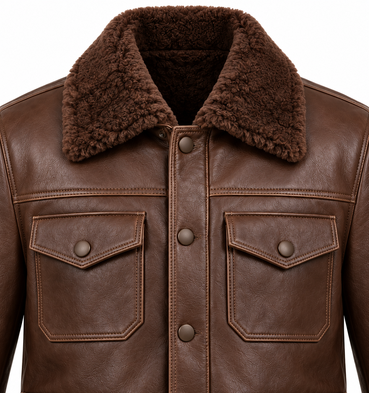 SH049 men's brown shearling jacket detail view