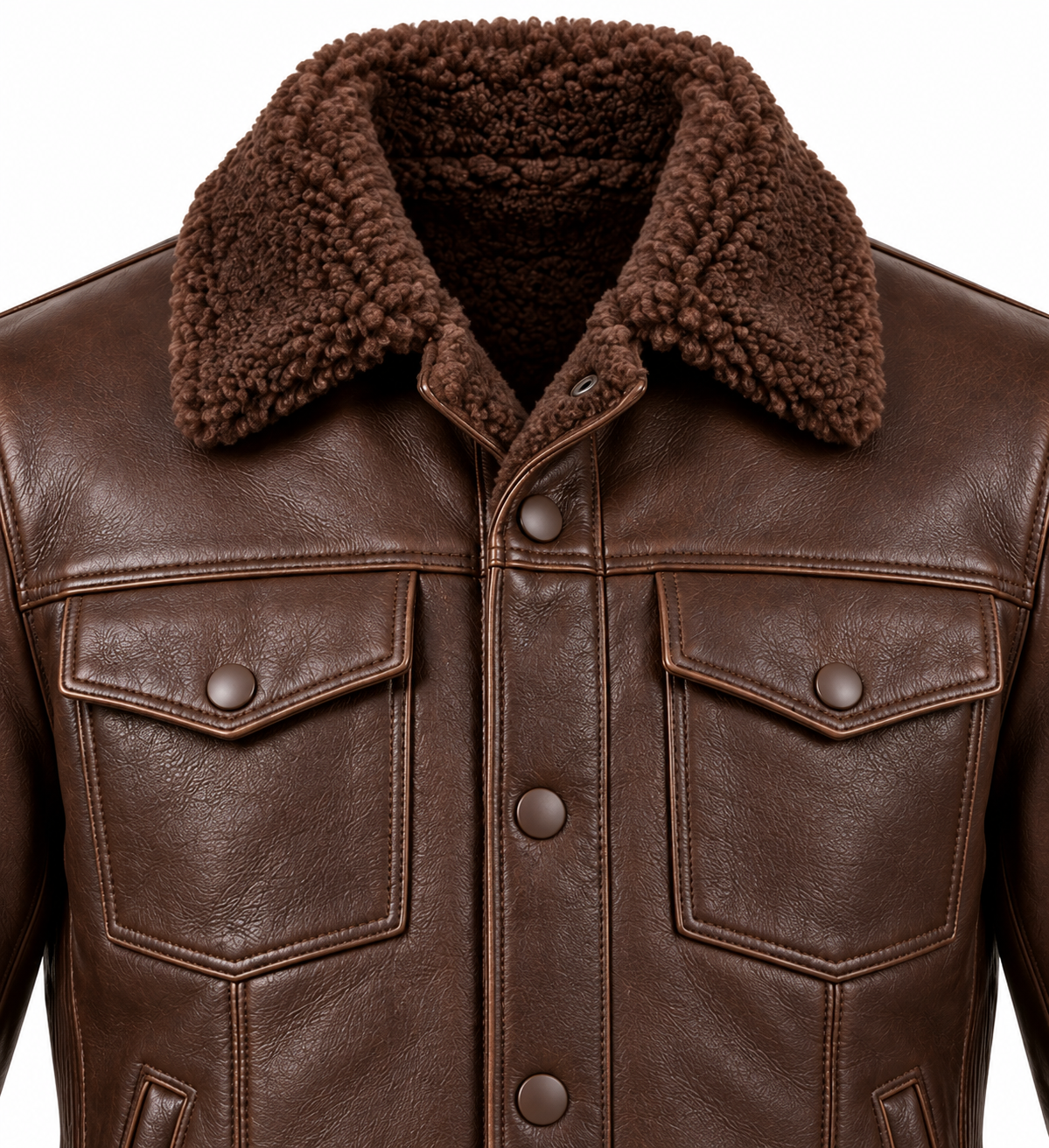 SH050 men's brown shearling jacket detail view