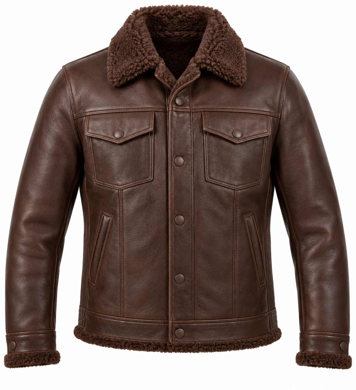 SH050 men's brown shearling jacket front view