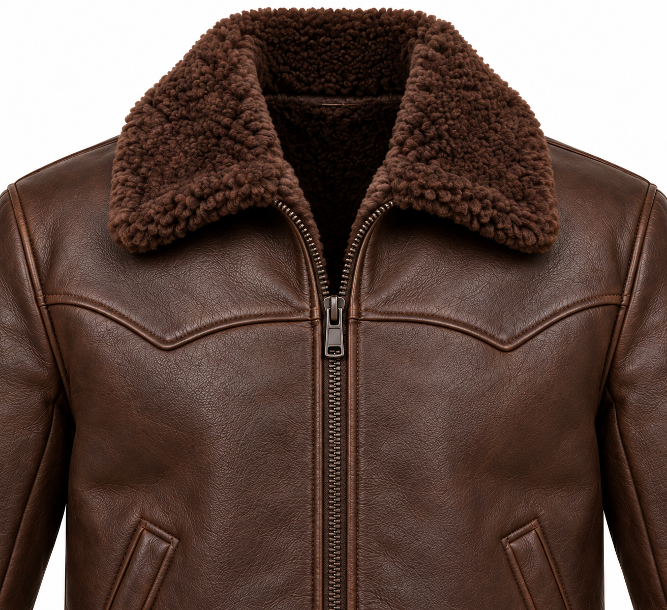SH051 men's brown shearling jacket detail view