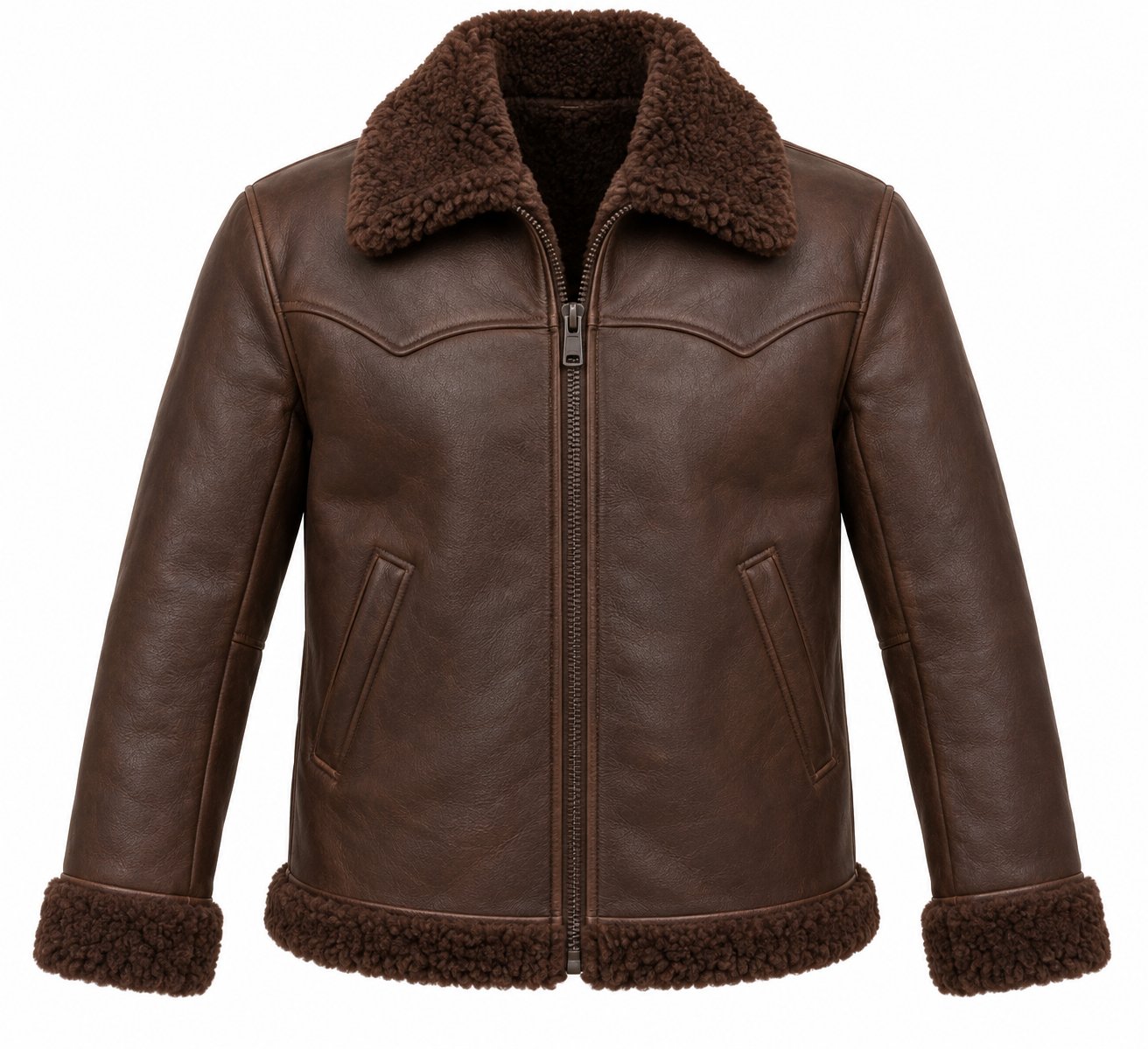 SH051 men's brown shearling jacket front view