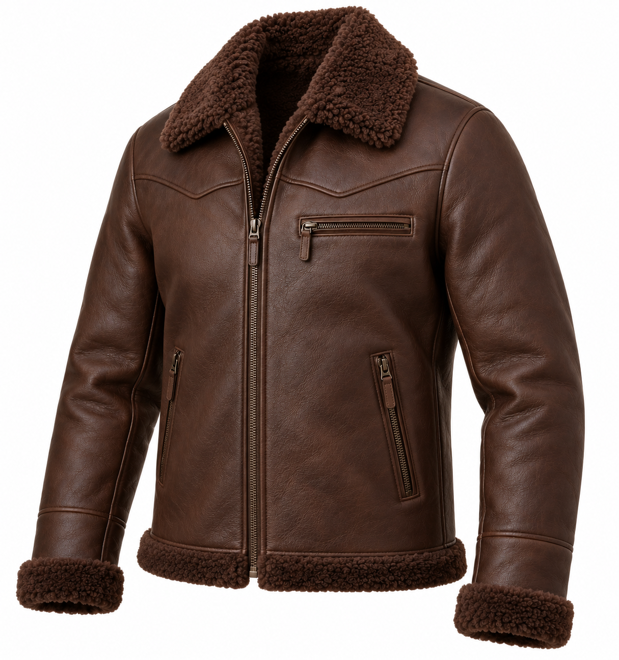 SH052 men's brown shearling jacket angle view