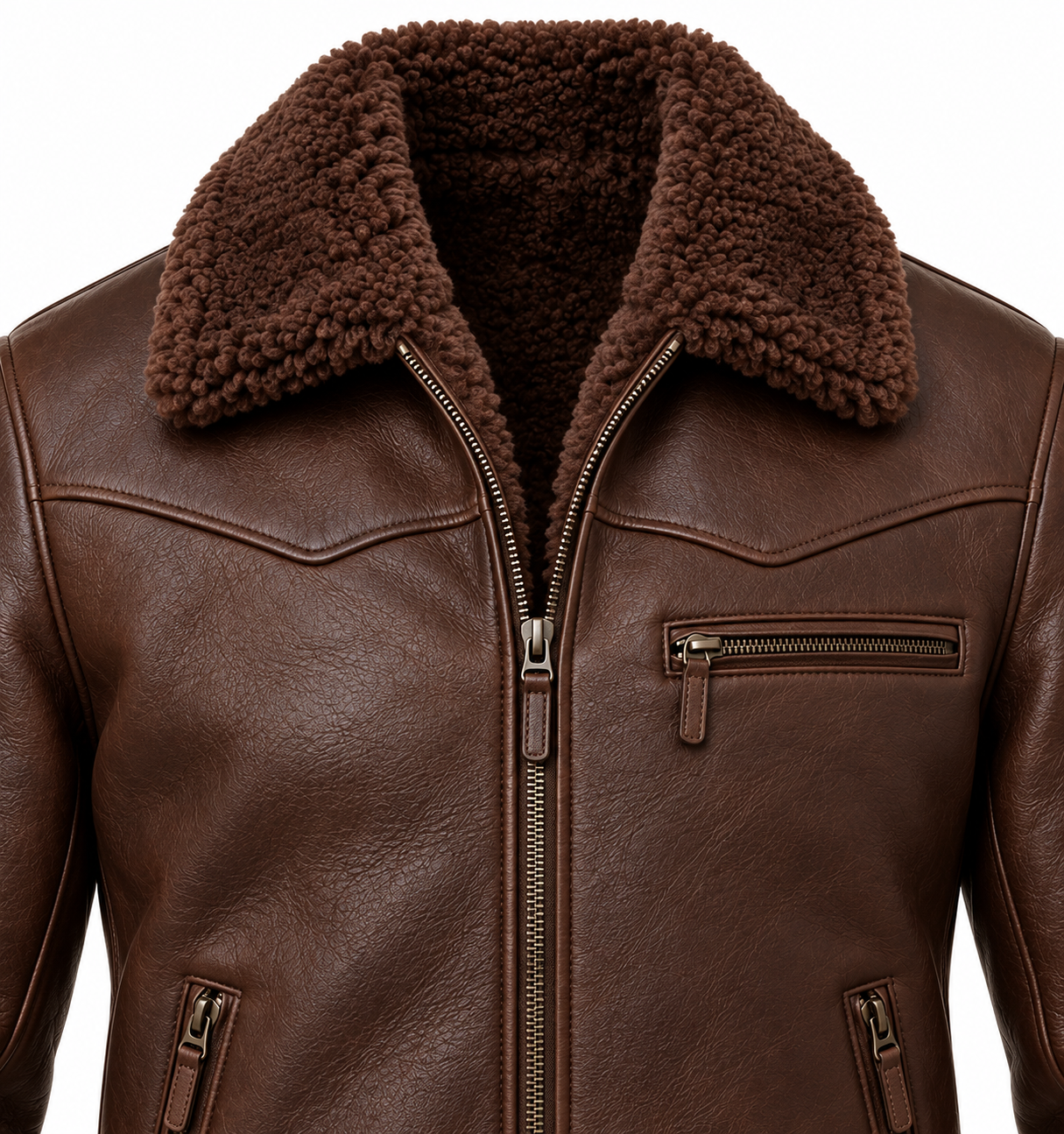 SH052 men's brown shearling jacket detail view