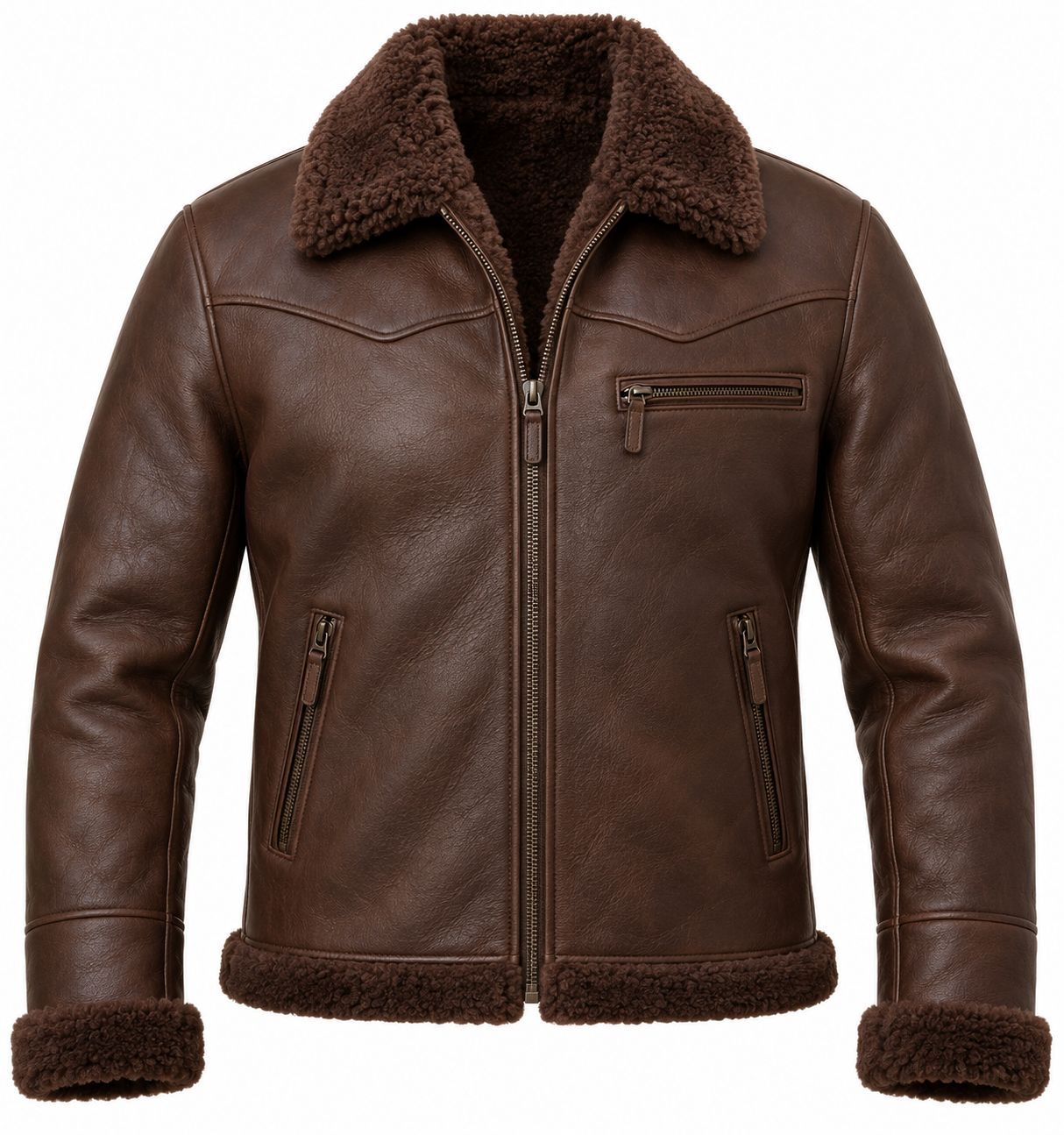 SH052 men's brown shearling jacket front view
