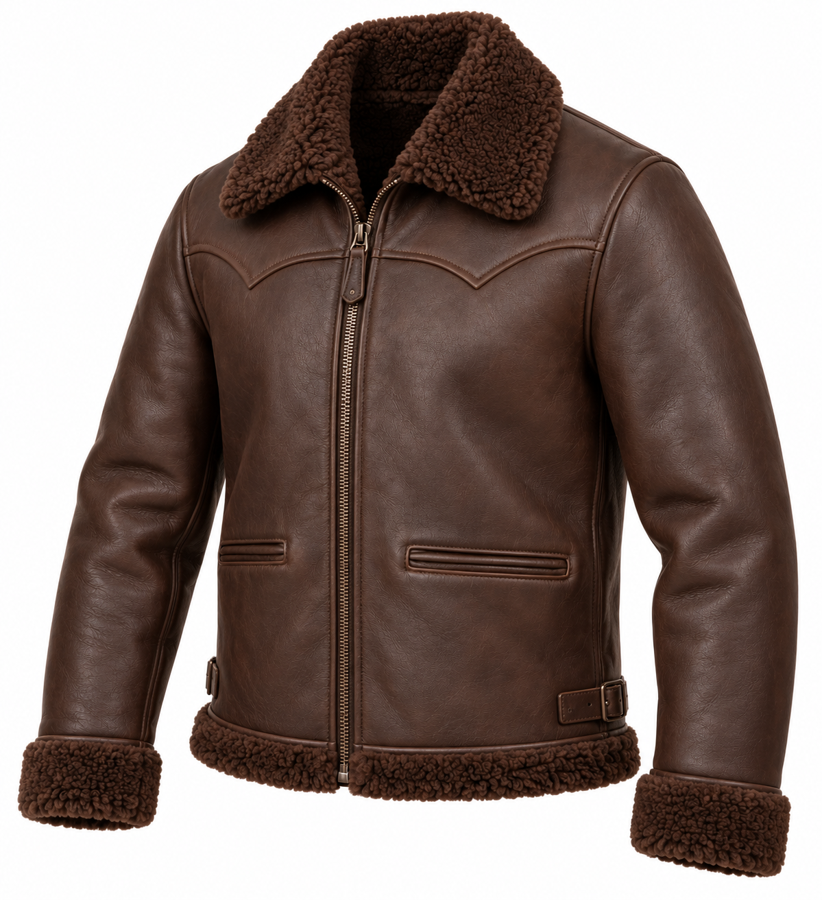 SH053 men's brown shearling jacket angle view