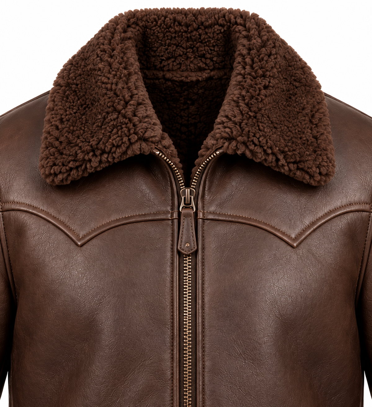 SH053 men's brown shearling jacket detail view