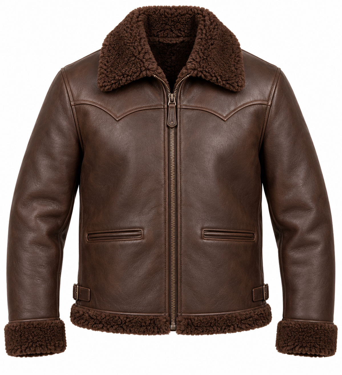SH053 men's brown shearling jacket front view