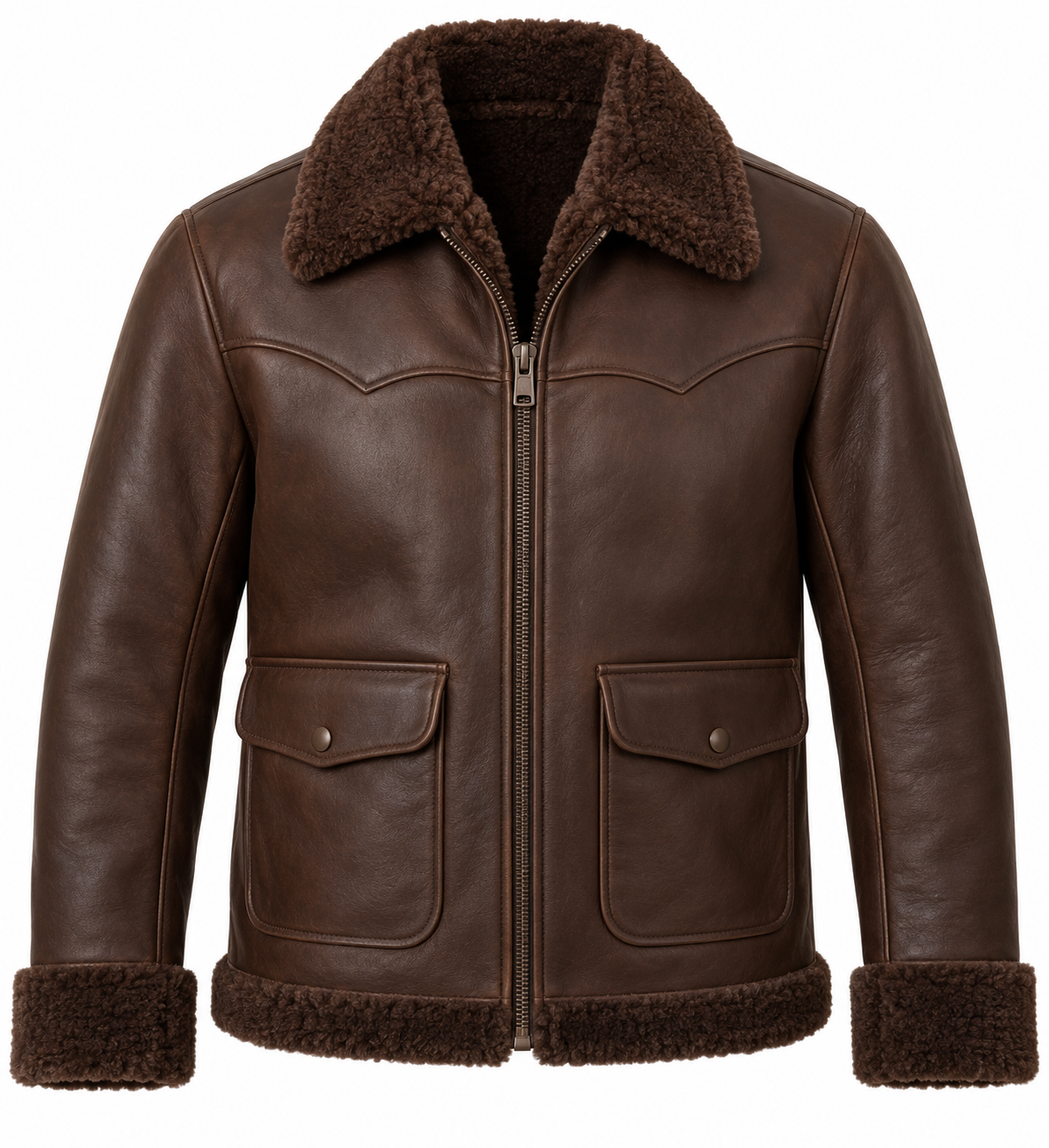 SH054 men's brown shearling jacket front view