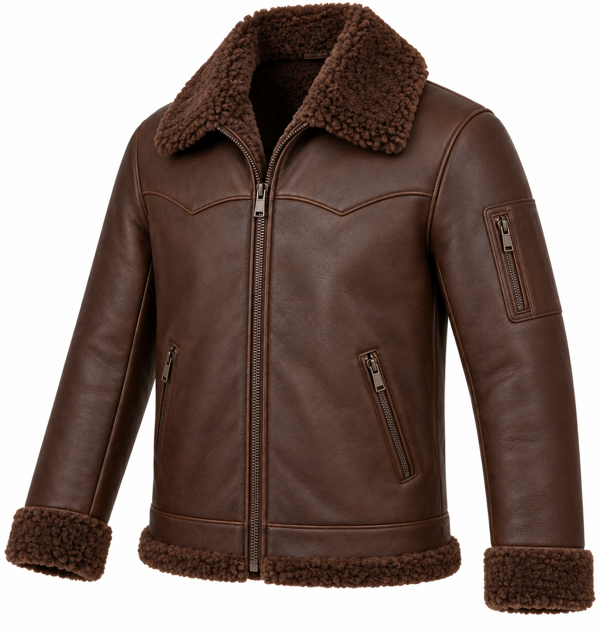 SH056 men's brown shearling jacket angle view