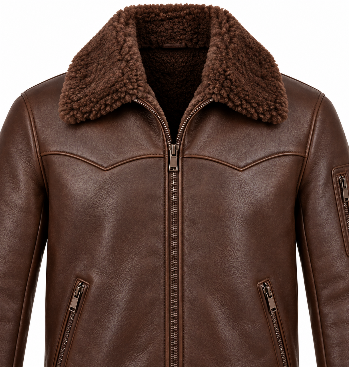 SH056 men's brown shearling jacket detail view