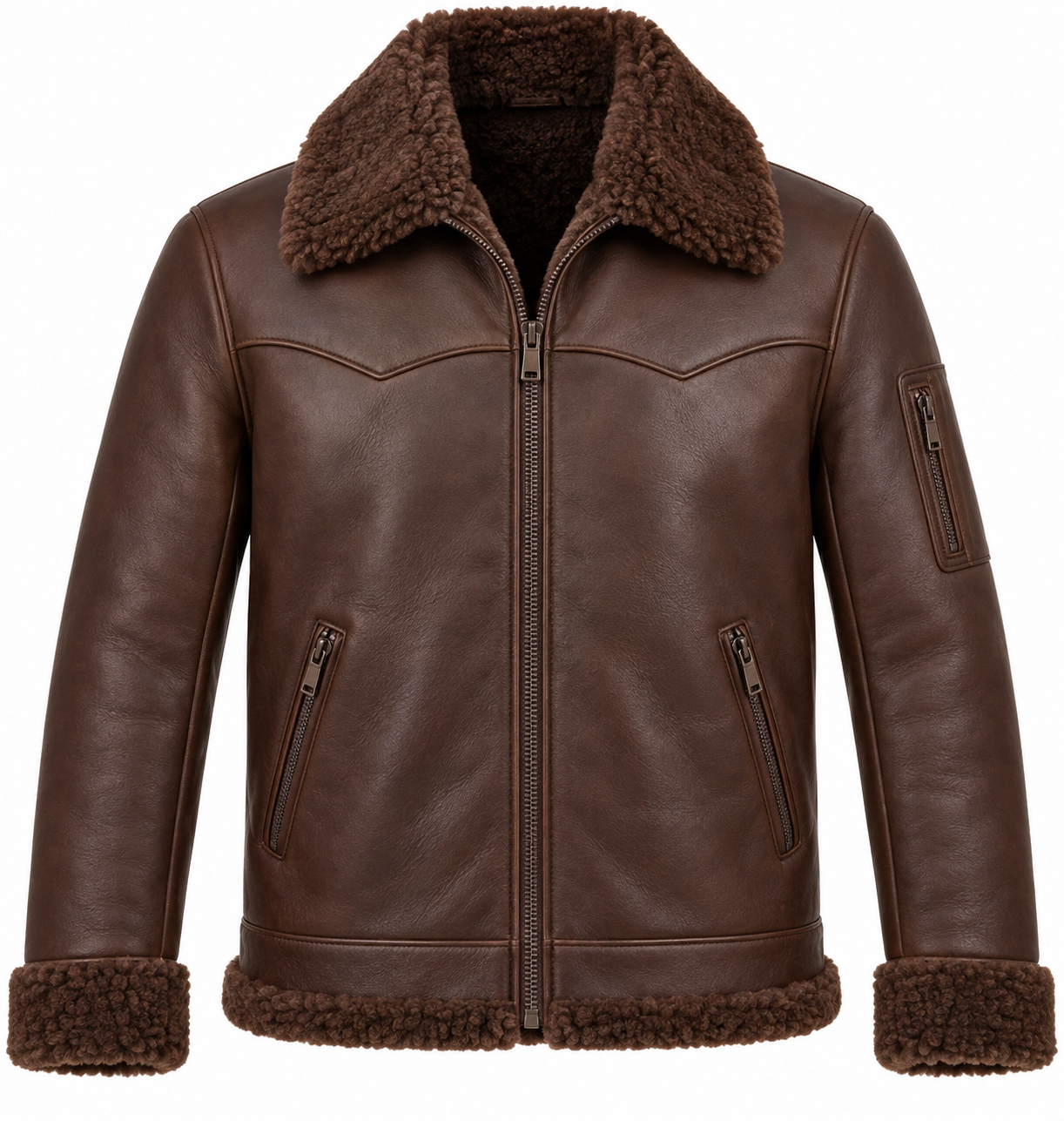 SH056 men's brown shearling jacket front view