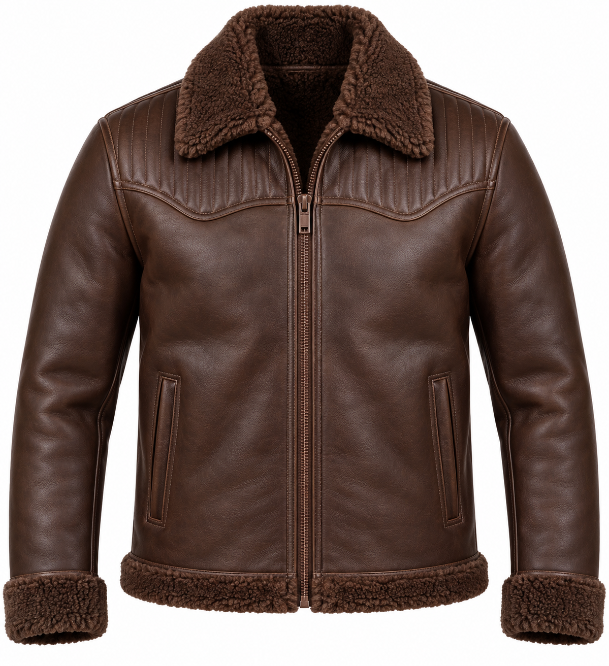 SH057 men's brown shearling jacket front view