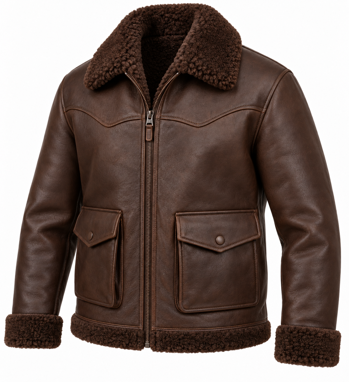 SH059 men's brown shearling jacket angle view